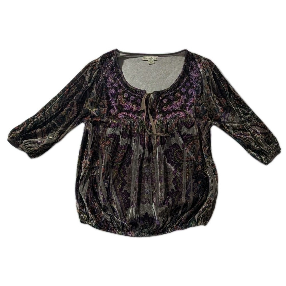 Y2K Live And Let Live Velvet Paisley Top Petite PS Brown‎ Purple Boho Fairycore